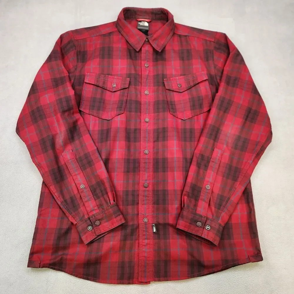 The North Face Shirt Men's M Red Plaid Long Sleeve Snap Up Pockets Outdoor